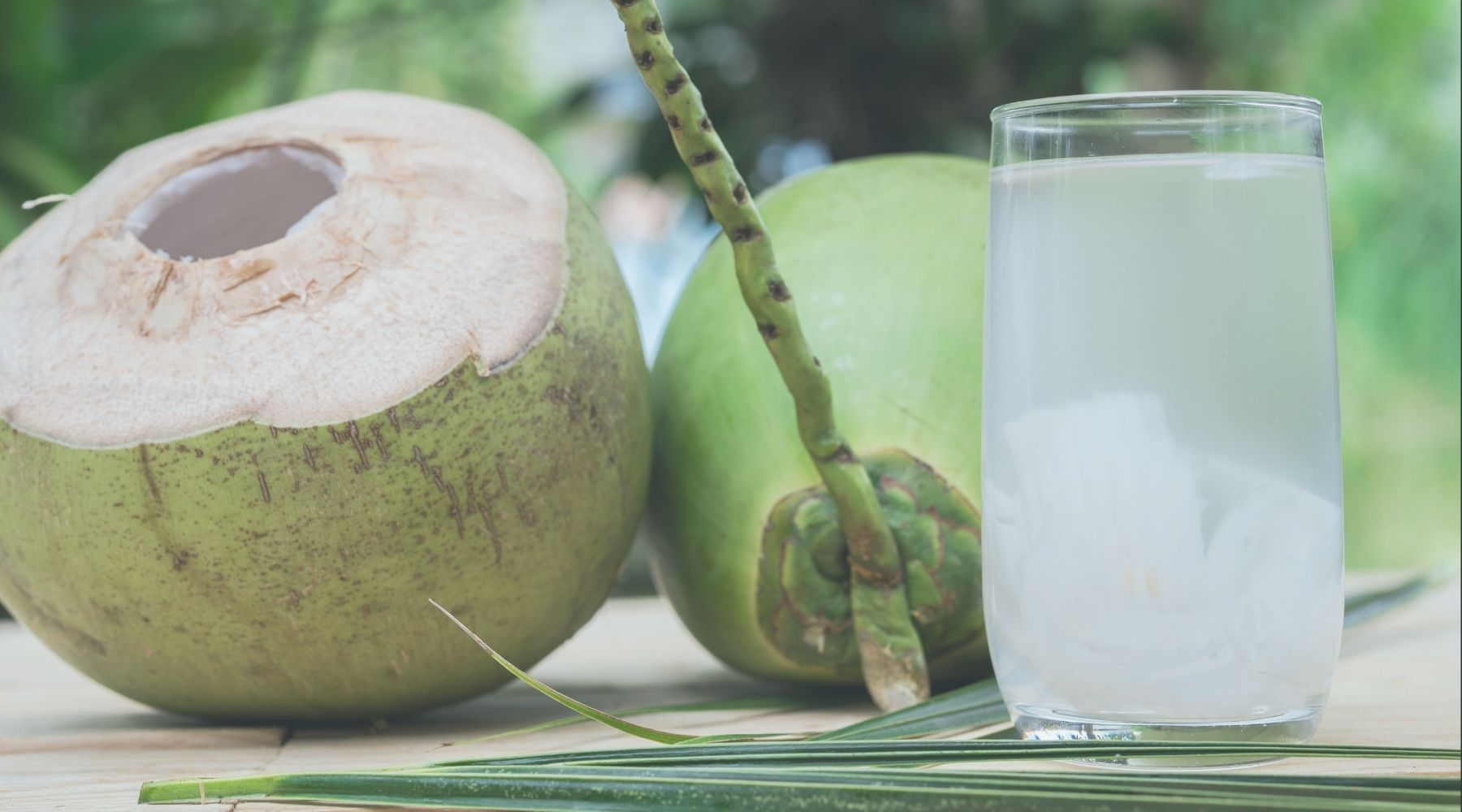 Fresh coconuts with a glass of coconut water on a natural background