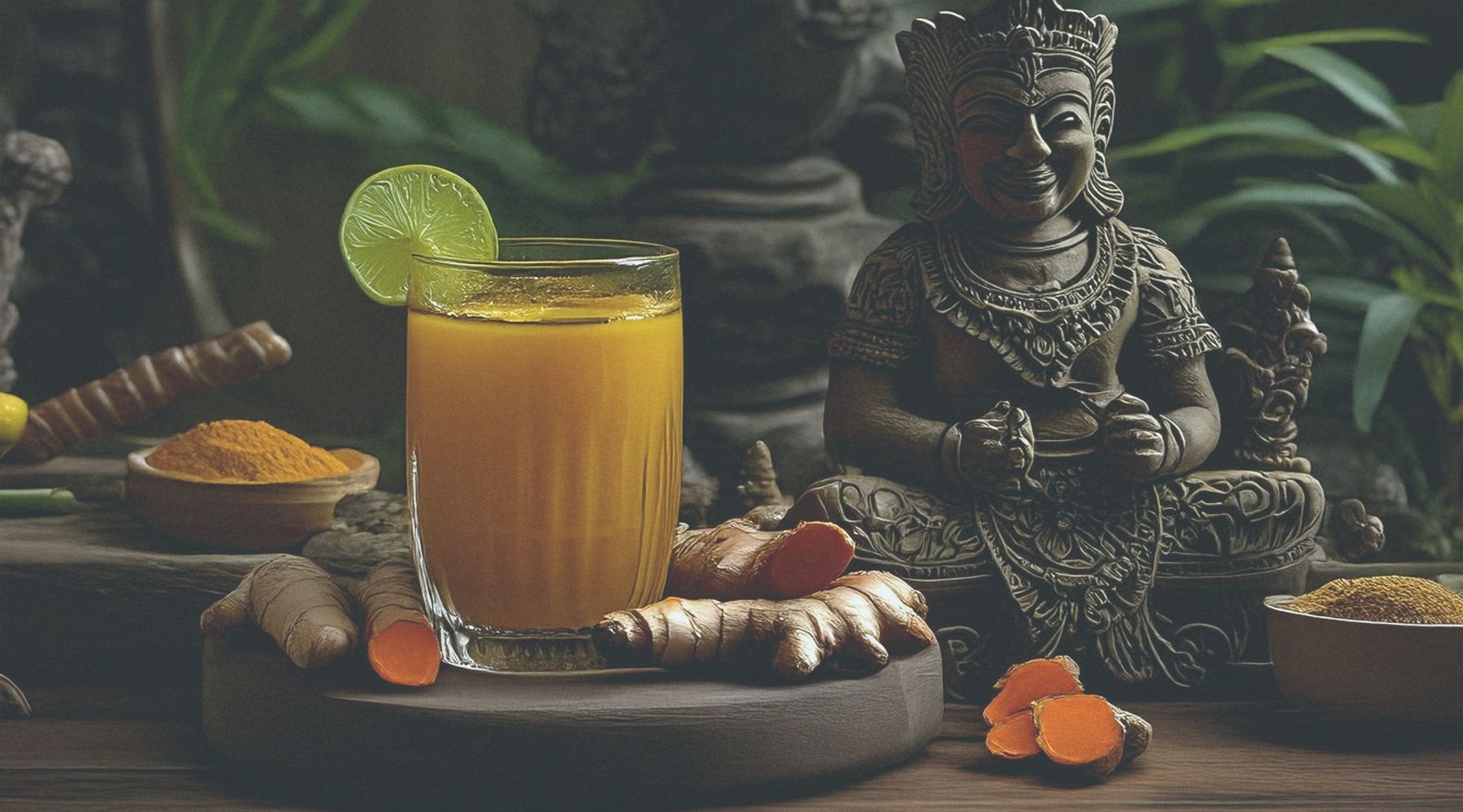 A glass of turmeric ginger jamu garnished with a lime slice, surrounded by fresh turmeric root, turmeric powder, and traditional Balinese statues in a serene setting. This immunity-boosting drink is inspired by ancient Indonesian wellness practices.