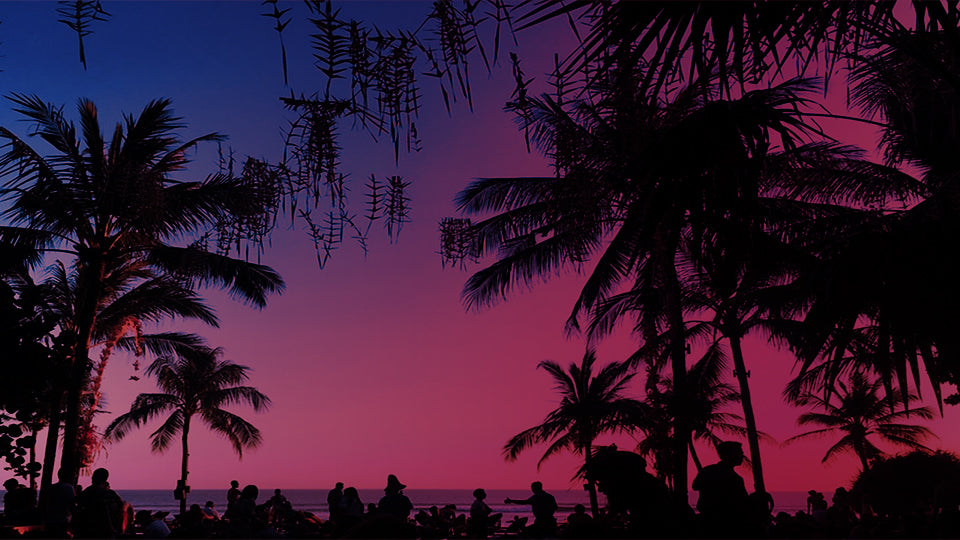 Silhouette of palm trees against a vibrant tropical sunset with people in the distance.