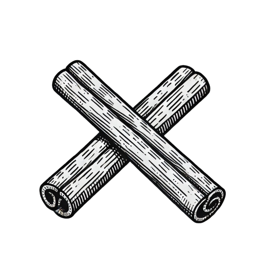 Hand-drawn icon of cinnamon sticks overlapping in black and white outline