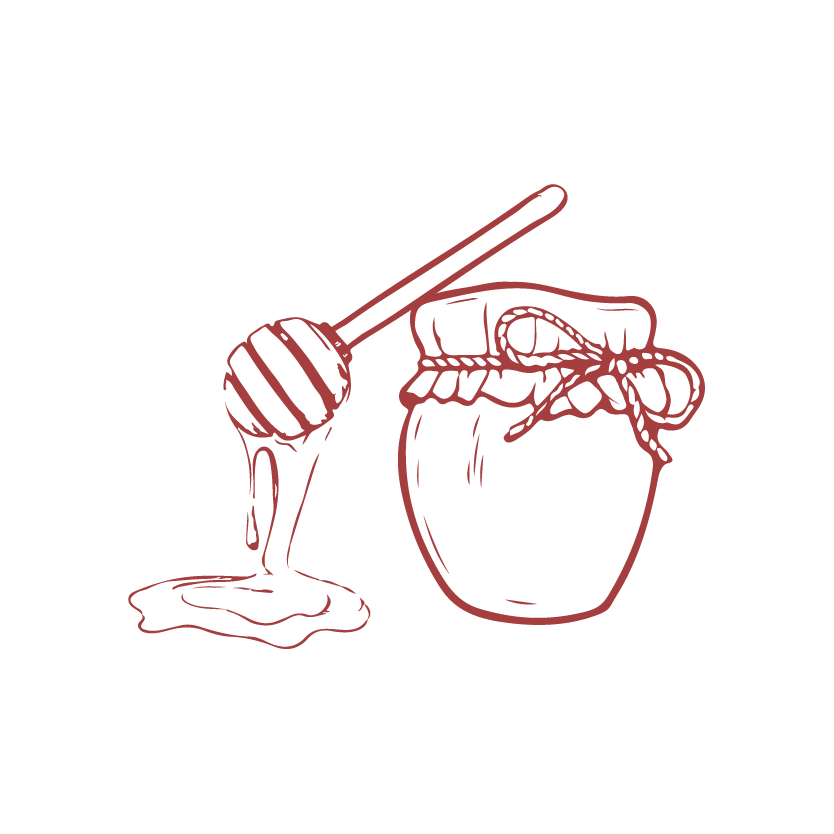 Hand-drawn icon of a honey jar with a dipper, outlined in red.