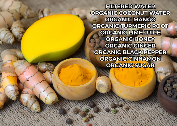 Fresh mango, turmeric, ginger, and spices with ingredient list for organic jamu tonic blend.