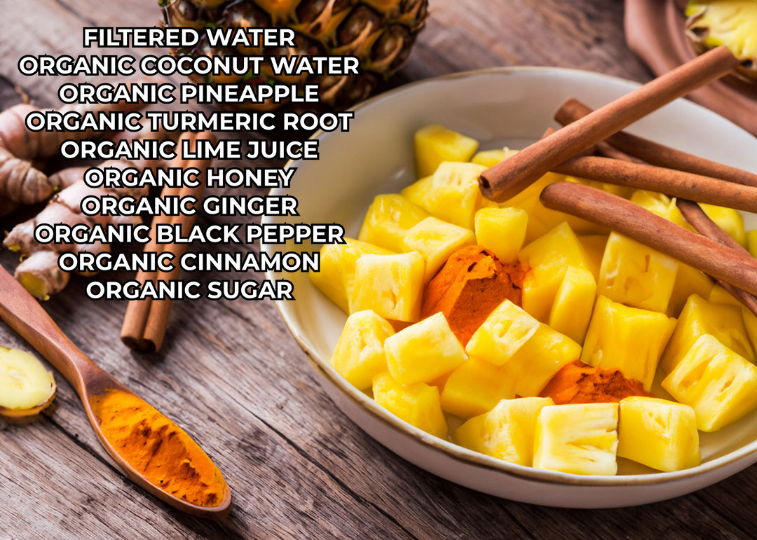 Bowl of fresh pineapple, turmeric, ginger, and cinnamon with text listing organic jamu tonic ingredients.