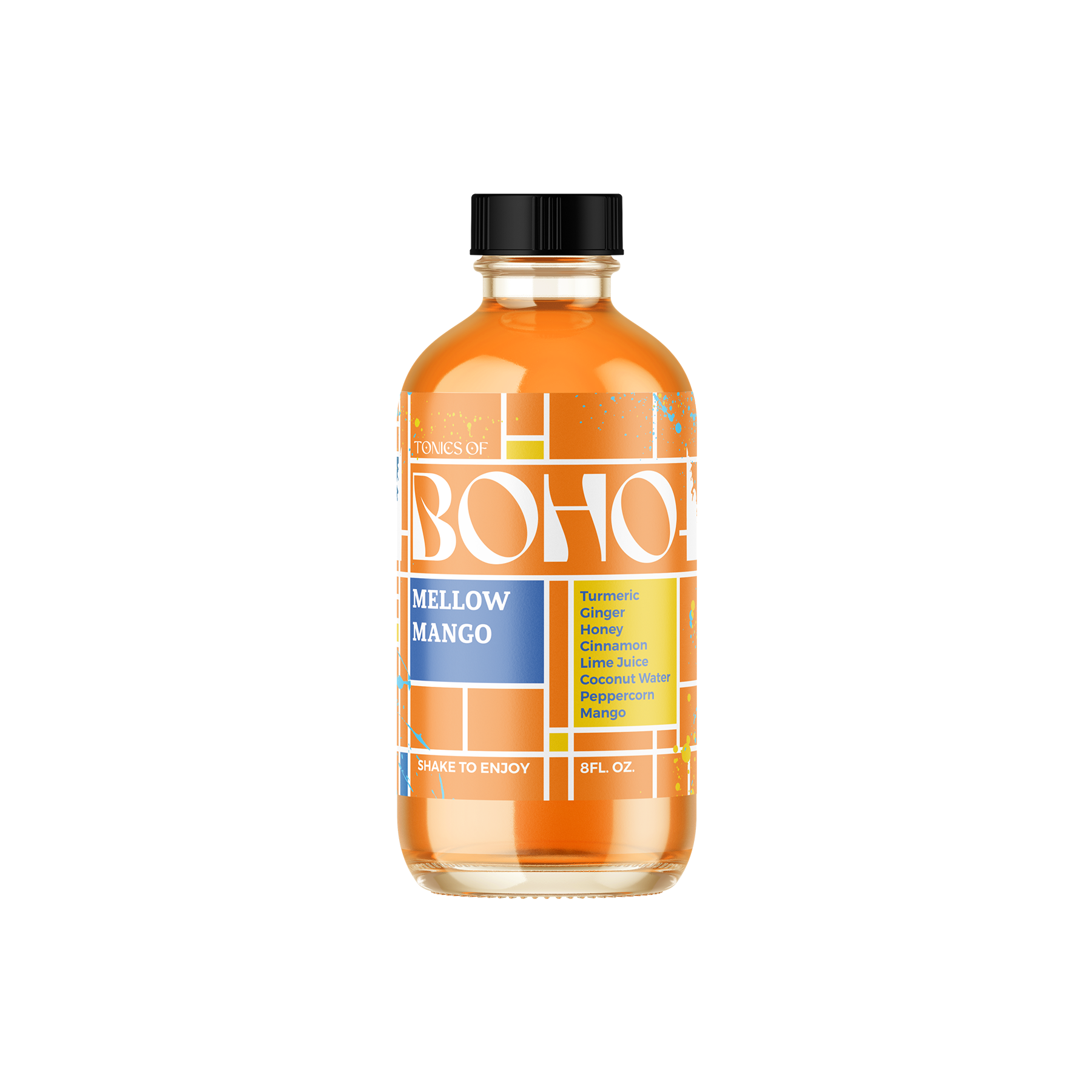 Tonics of Boho Mellow Mango Jamu with Mondrian-style label, featuring mango, turmeric, and ginger blend.