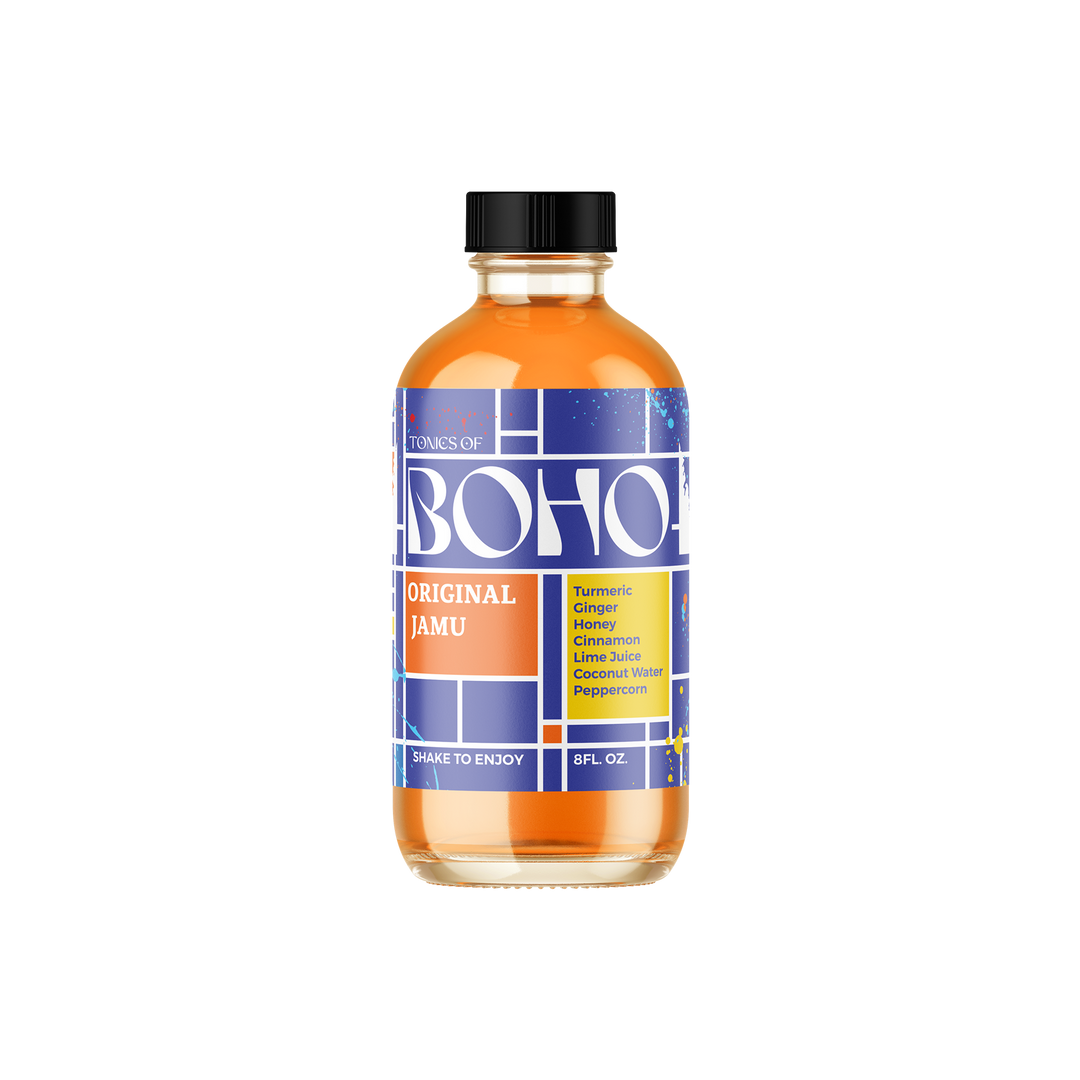 Tonics of Boho Original Jamu bottle with vibrant Mondrian-style label featuring turmeric and ginger ingredients.