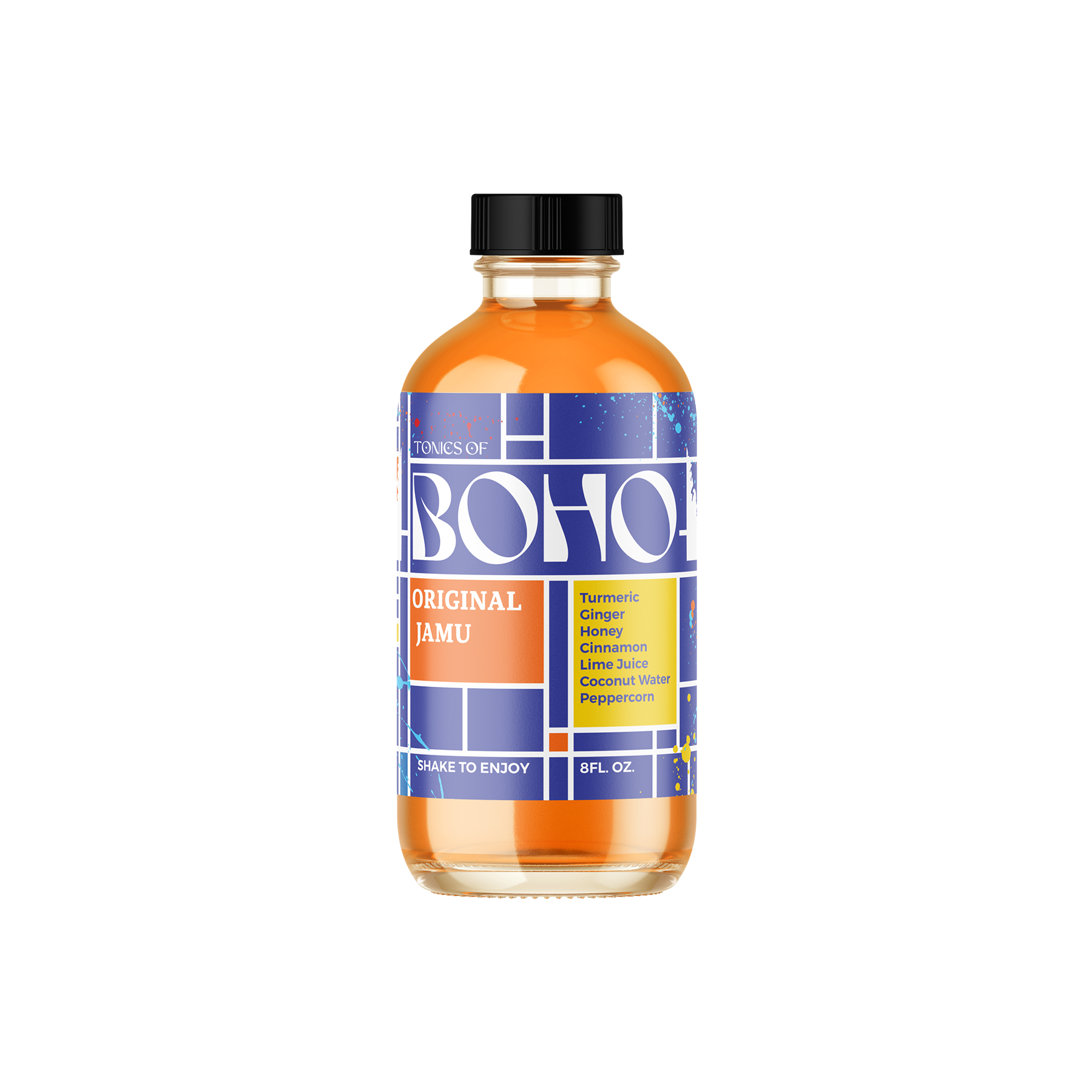 Tonics of Boho Original Jamu bottle with vibrant Mondrian-style label featuring turmeric and ginger ingredients.