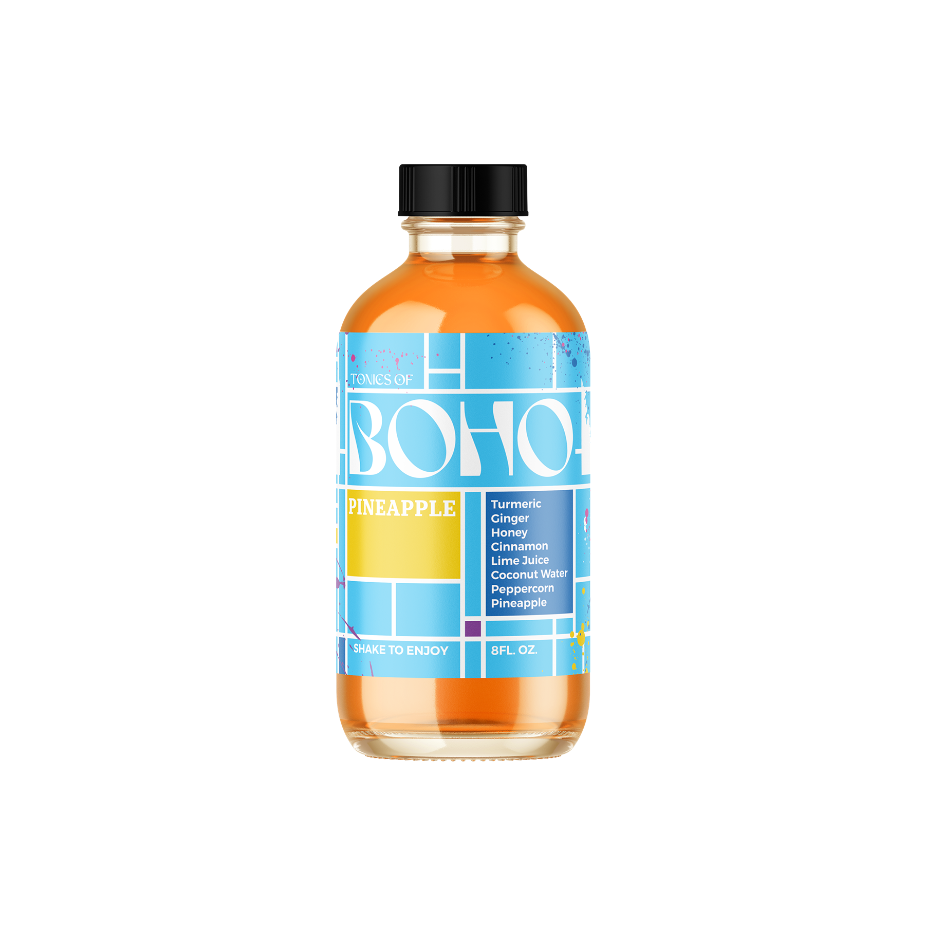 Tonics of Boho Pineapple Jamu with Mondrian-inspired label, featuring turmeric, ginger, and pineapple blend.